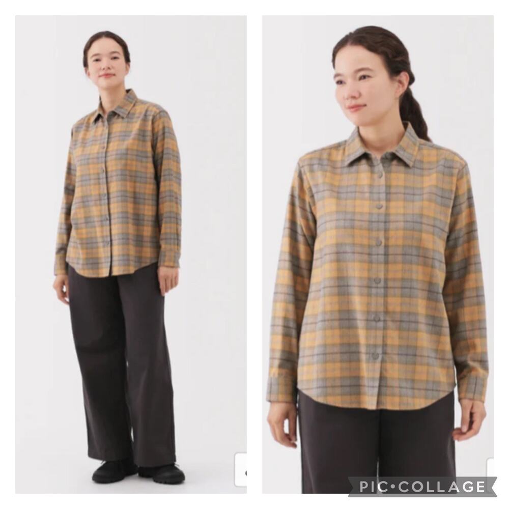 Muji Plaid Flannel Shirt Mustard Gray Size Large